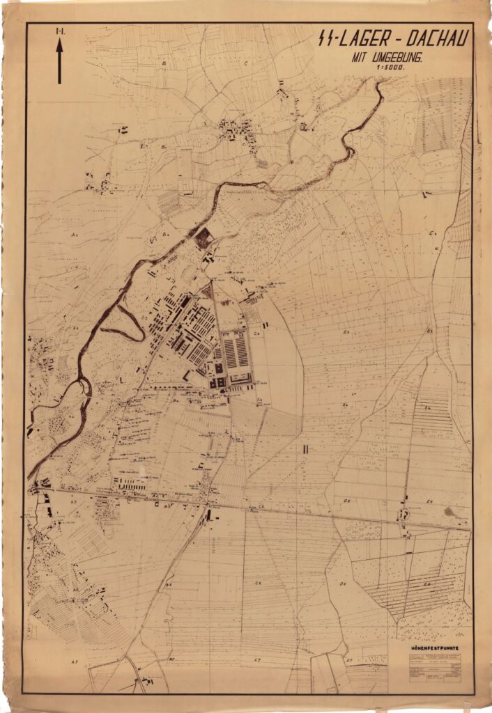Na načrtu koncentracijskega taborišča Dachau so natančno izrisana vsa taboriščna poslopja.