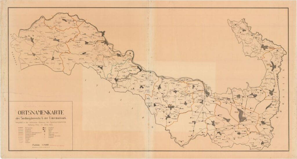 Zemljevid krajevnih imen naselitvenega področja A Spodnje Štajerske.