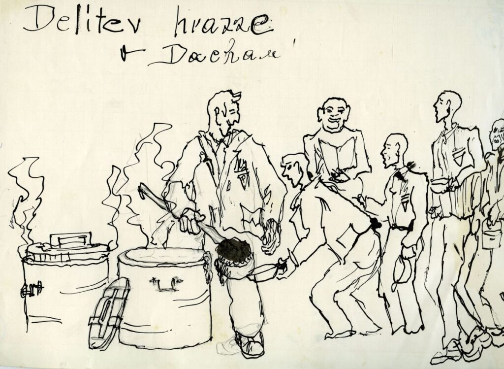 Moški deli hrano iz velikega lonca.