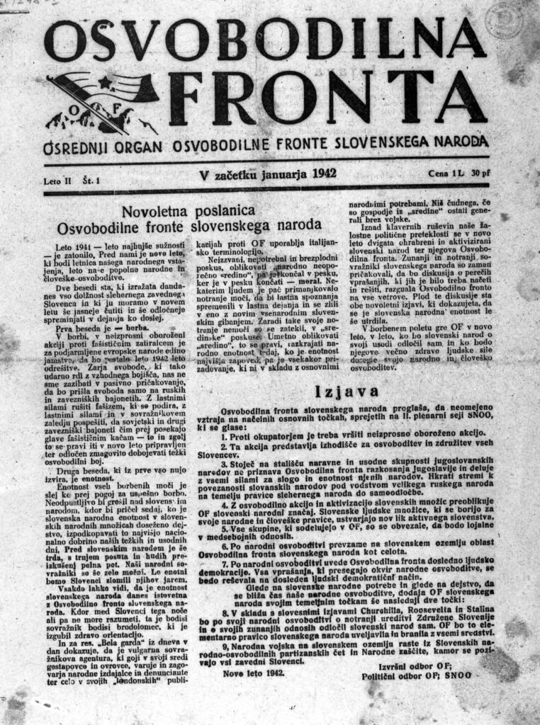 Osvobodilna fronta s temeljnimi točkami OF. Hrani: MNSZS