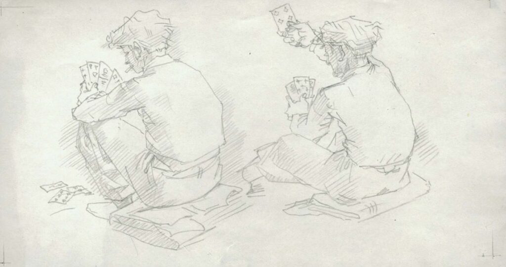 Risba, na njen dva moška, ki nam kažeta hrbet in igrata karte.