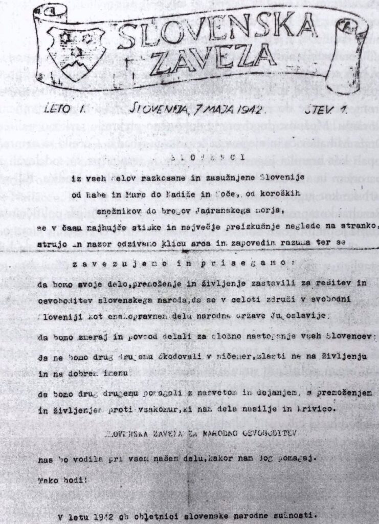 Naslovna stran prve številke Slovenske zaveze, 7. 5. 1942. Hrani: MNSZS.