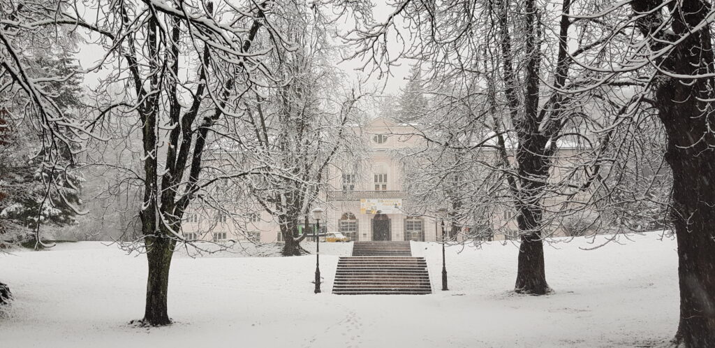 Zasneženo stopnišče, ki vodi do muzeja.
