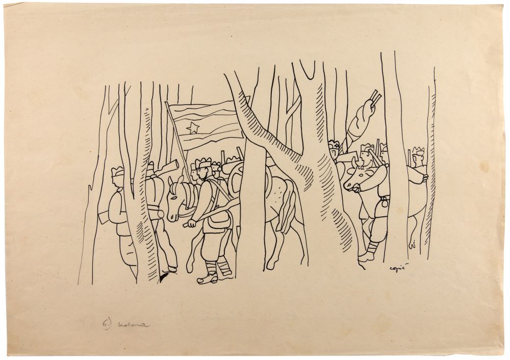 Risba borcev, ki se premikajo skozi gozd.