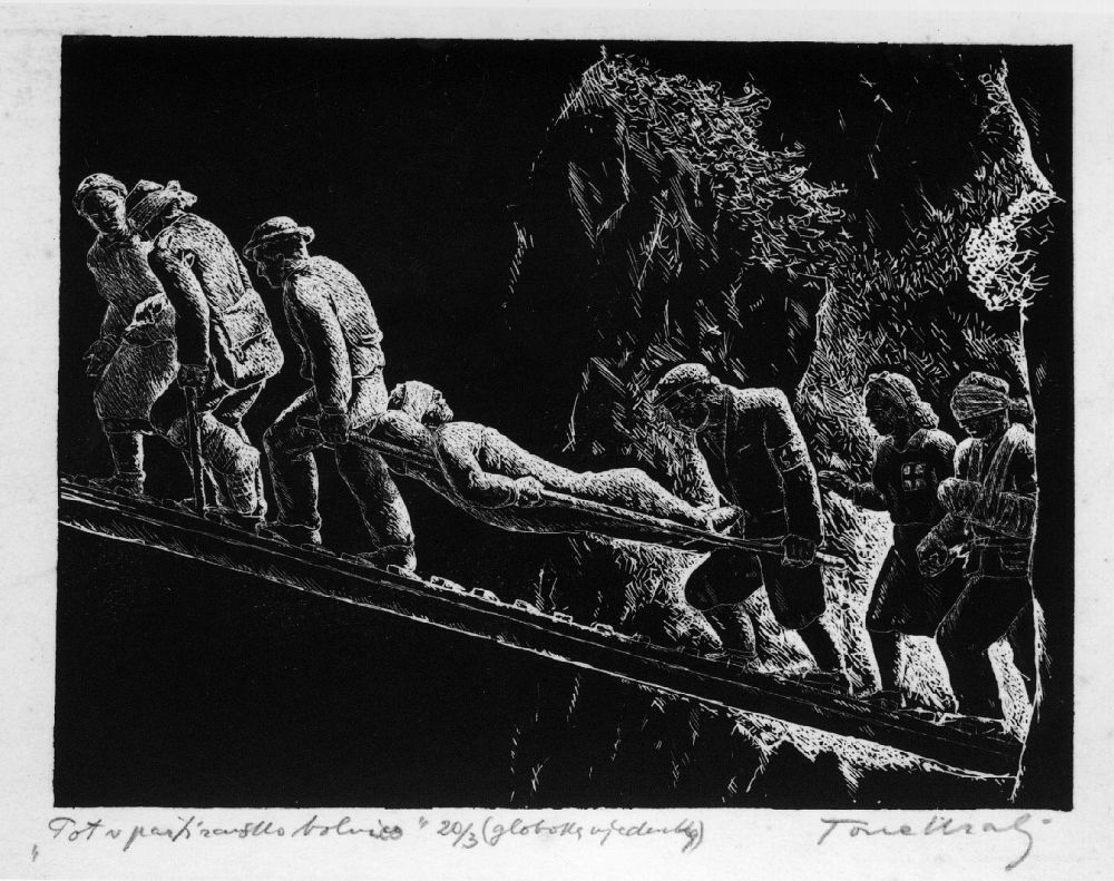 Osebe na nosilih nosijo ranjenca navkreber.