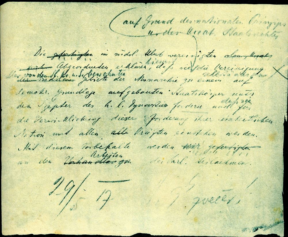 Na roko napisan osnutek Majniške deklaracije.