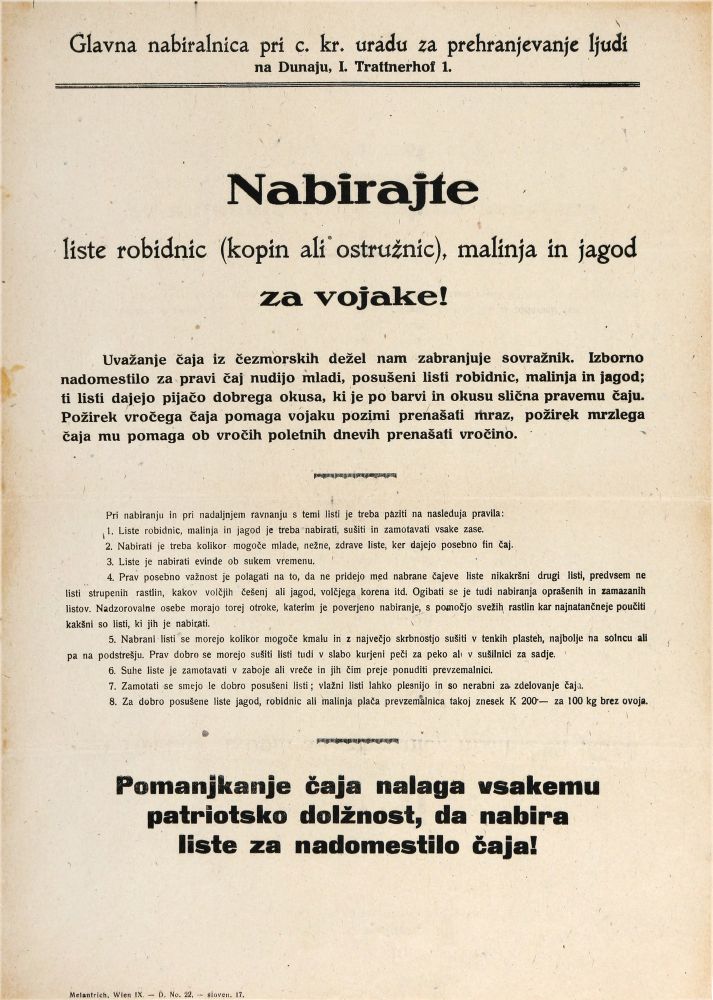 Poziv k nabiranju "listov robidnic (kopin ali ostružnic), malinja in jagod za vojake".