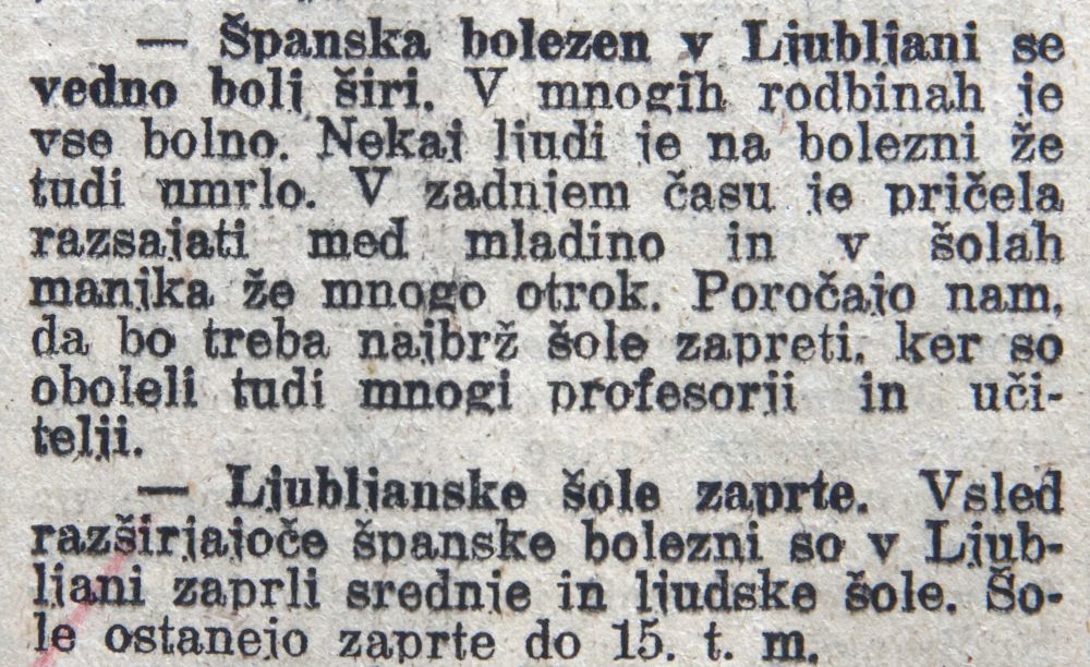 Izsek članka Španska bolezen v Ljubljani se vedno bolj širi.