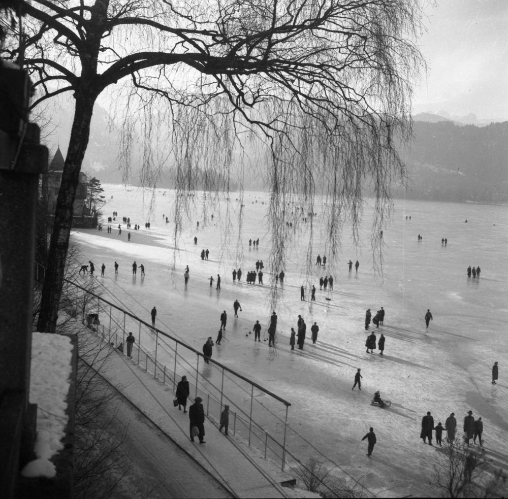 Ljudje na promenadi in zaledenelem jezeru.