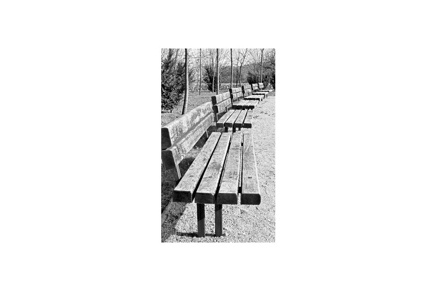 Vrsta lesenih klopi v parku.