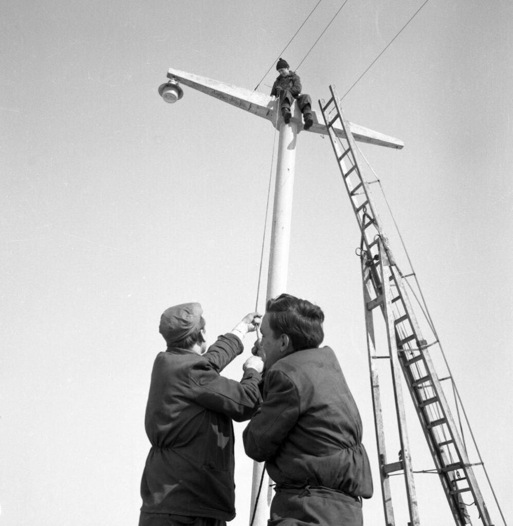 Delavci med popravilom javne razsvetljave. 