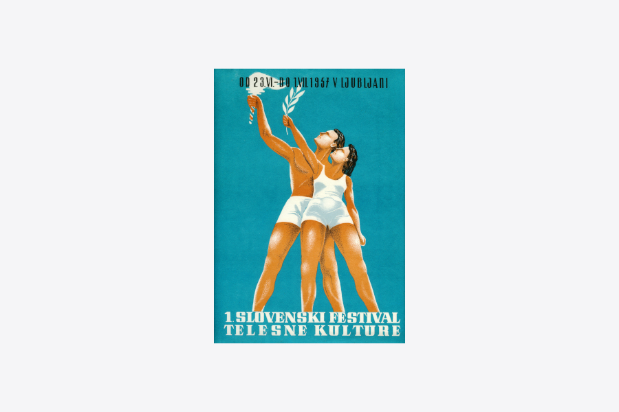 Letak s podobo telovadca in telovadke. Telovadec drži v desni roki baklo, telovadka pa vejo.